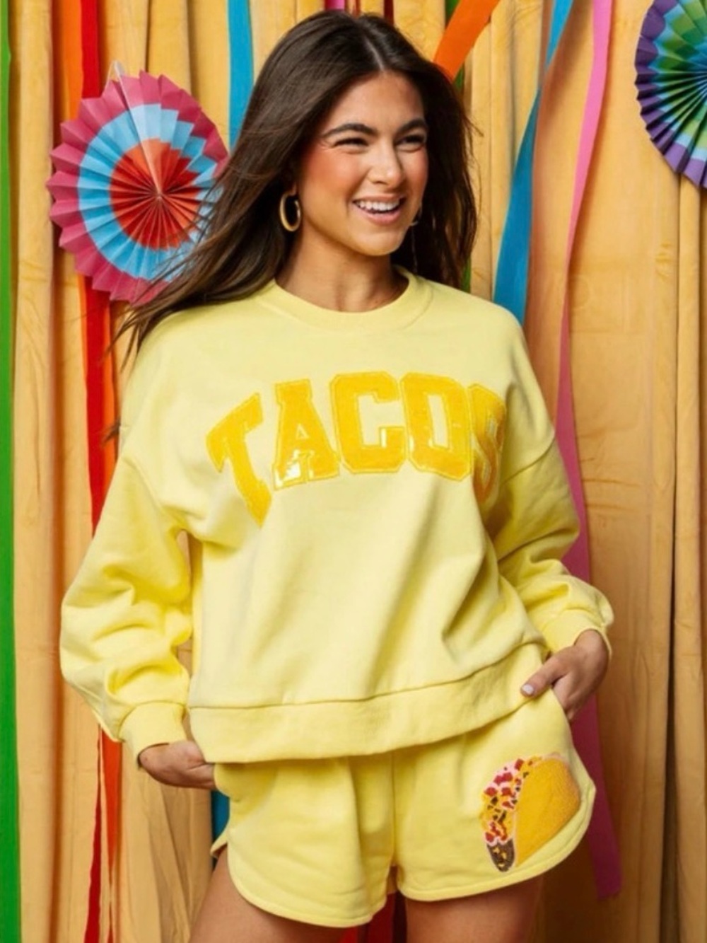 QUEEN OF SPARKLES Yellow Sequin Tacos Oversized Sweatshirt